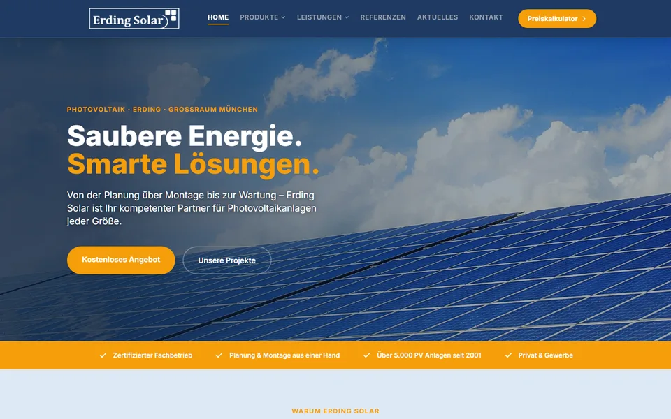 Startseite der Website erding-solar.de